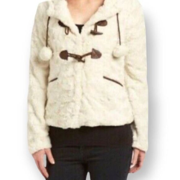 YOKI GIRLS CREAM & BROWN FAUX FUR HOODED JACKET W/POM POMS SZ.M GUC - Picture 4 of 8